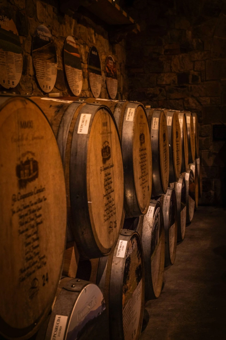 Wooden barrels stacked in a dark cellar